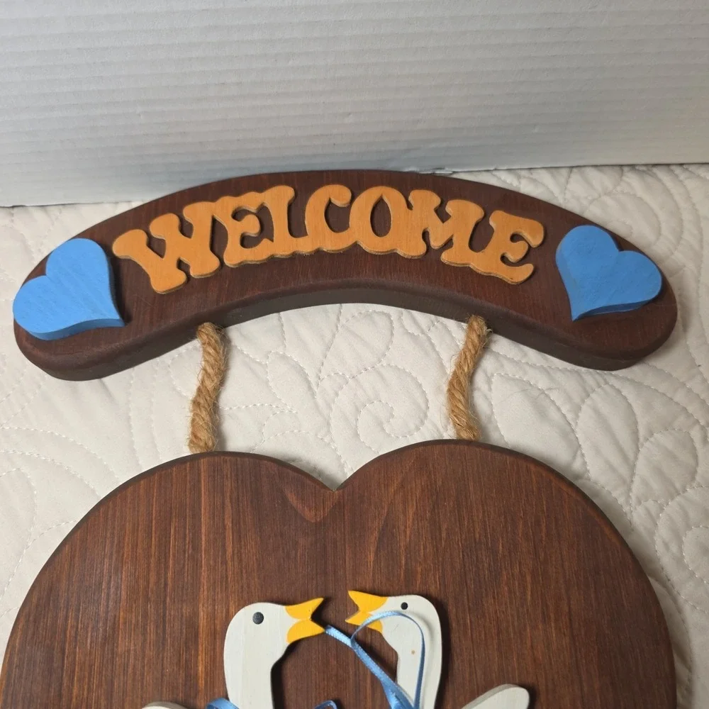 VTG Welcome Geese Plaque Vintage Heart Wall Decor Door Hanger Cottagecore Ribbon